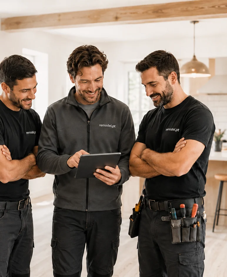 Three contractors reviewing a tablet on site