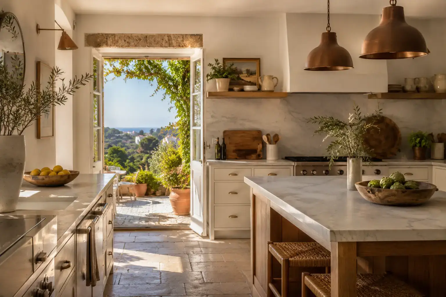 Renovated Portuguese kitchen with copper lights and a terrace view